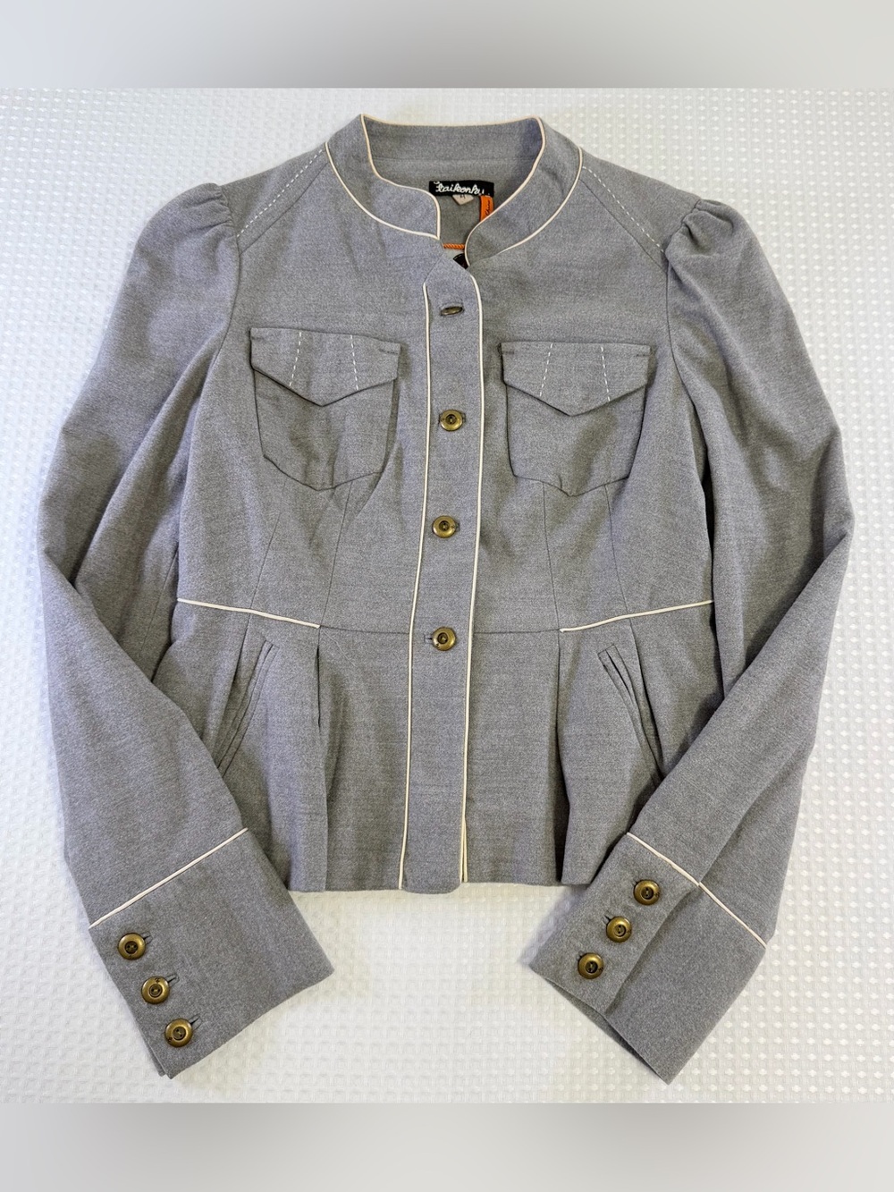 Anthropologie Taikonhu High Line Blazer Grey Peplum Crop Buttons Jacket Size 4